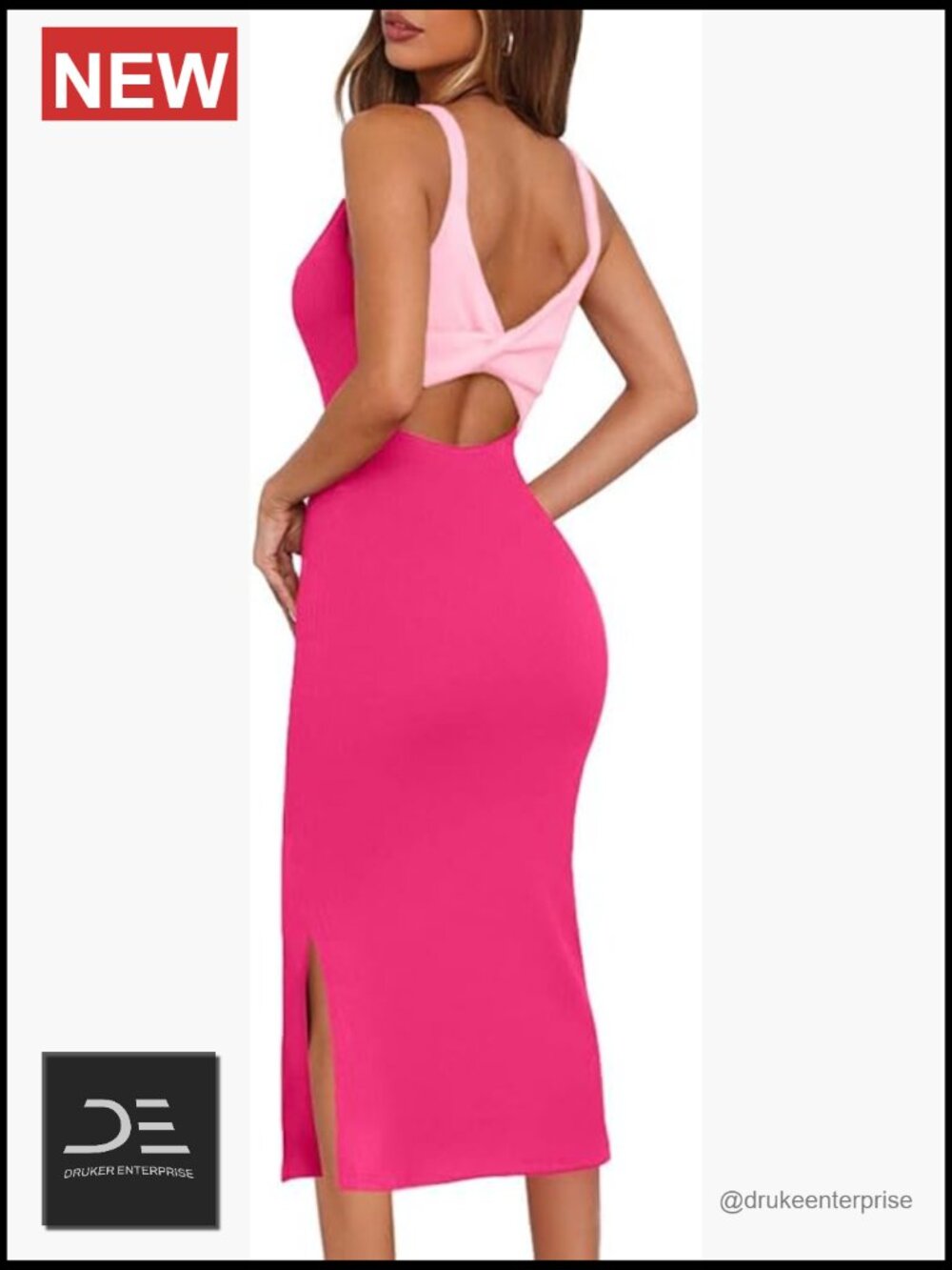 Sexy Sleeveless Twist Backless Knitted Ribbed Side Split Bodycon Midi Dress